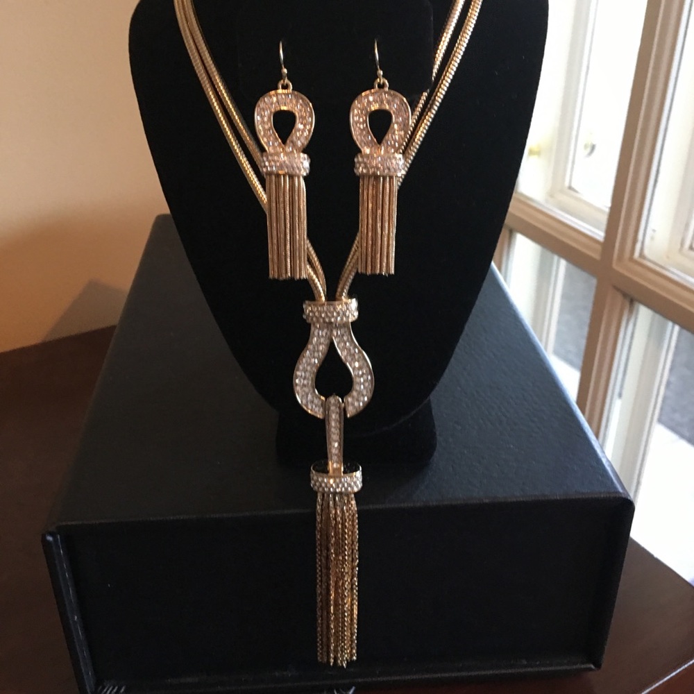 GoldTone & White Crystal Necklace & Earring Set